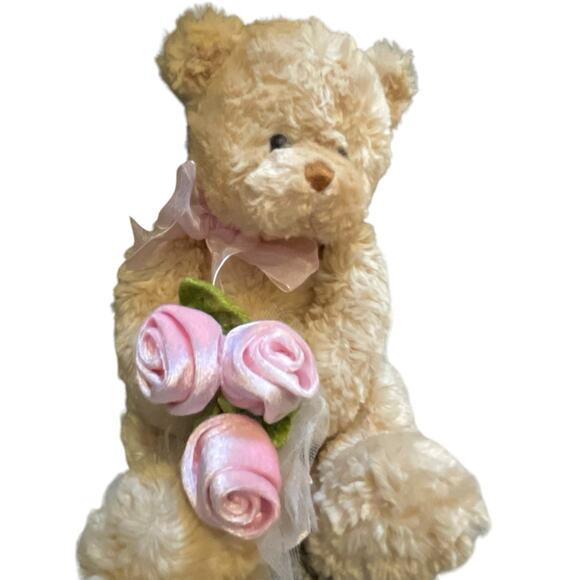 9" Gund Teddy Bear Plush Bear Stuffed Animal Roses Ribbon Nursery Baby Shower - Picture 12 of 12
